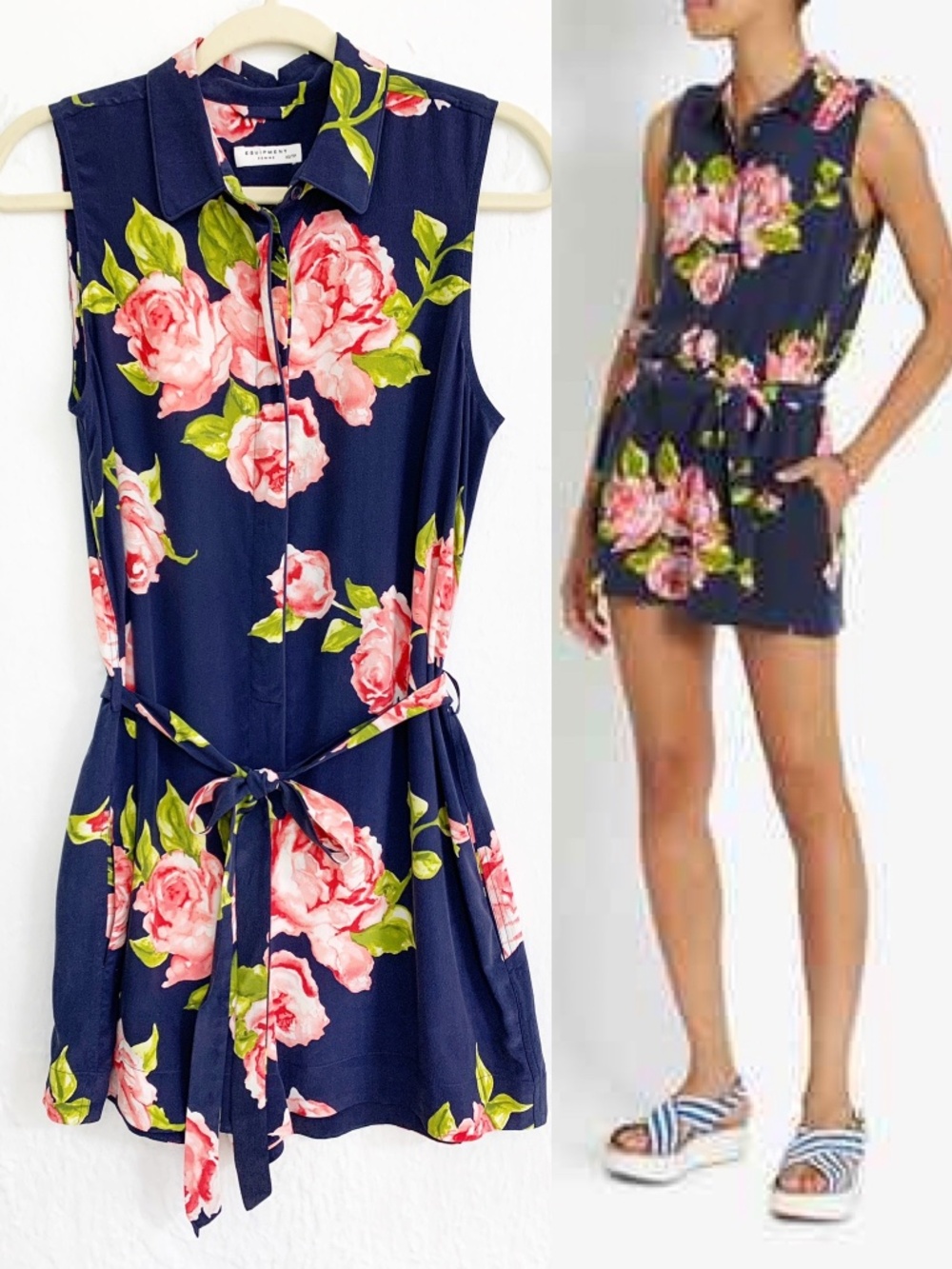 Equipment Earl Boudoir Rose Print Silk Romper in Peacoat Sz XS